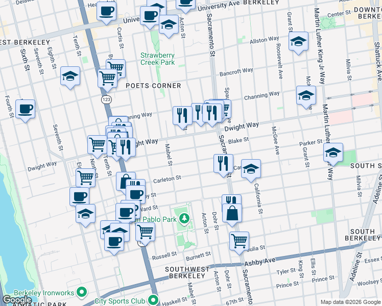 map of restaurants, bars, coffee shops, grocery stores, and more near 1350 Parker Street in Berkeley