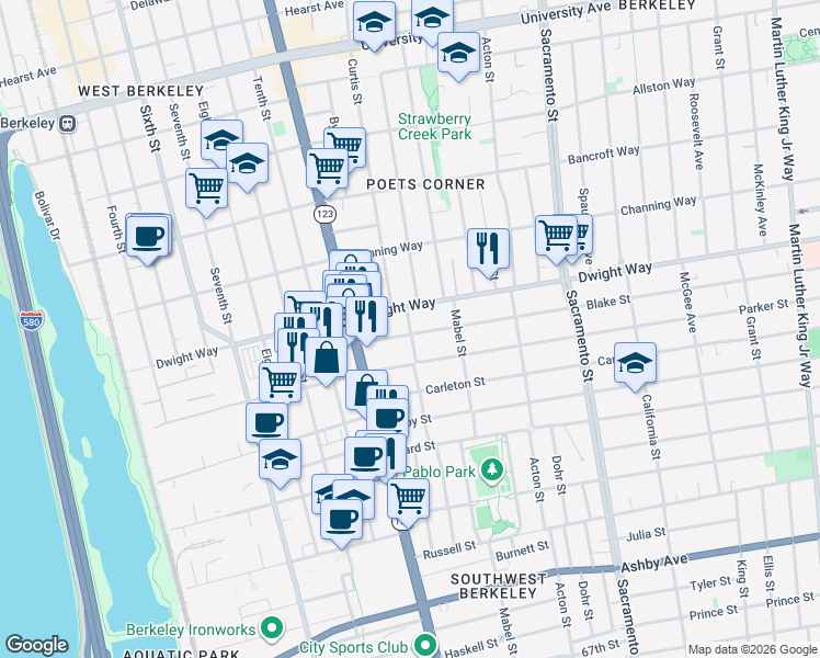 map of restaurants, bars, coffee shops, grocery stores, and more near 2534 Mathews Street in Berkeley