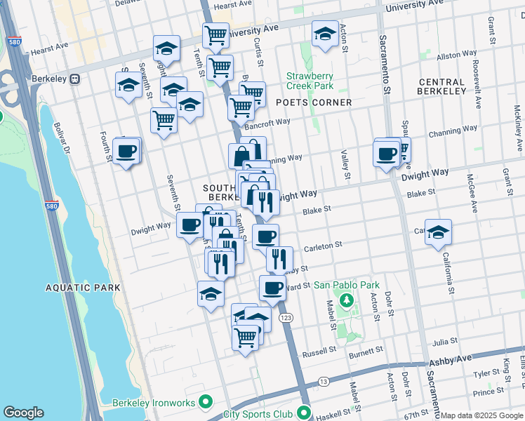 map of restaurants, bars, coffee shops, grocery stores, and more near 2555 San Pablo Avenue in Berkeley