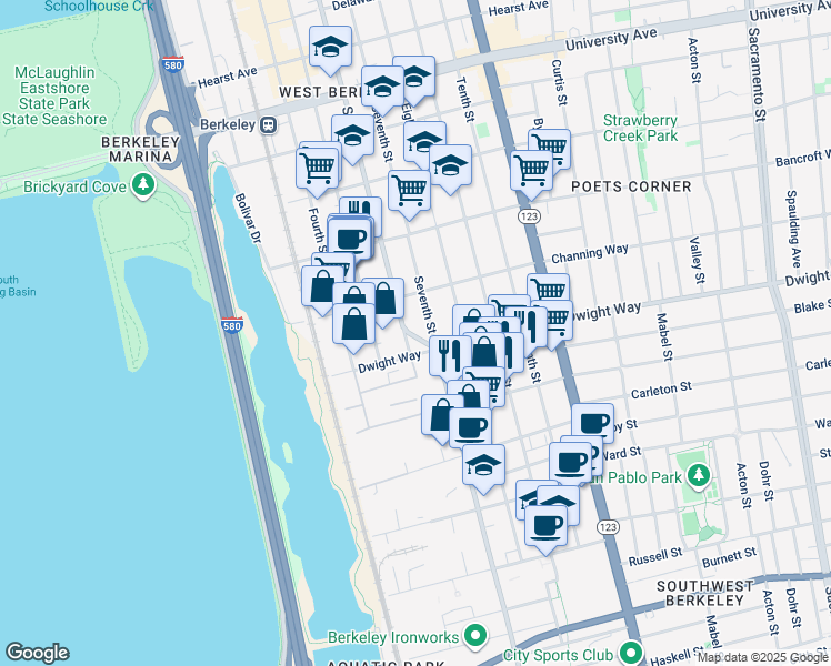 map of restaurants, bars, coffee shops, grocery stores, and more near 2445 Sixth Street in Berkeley