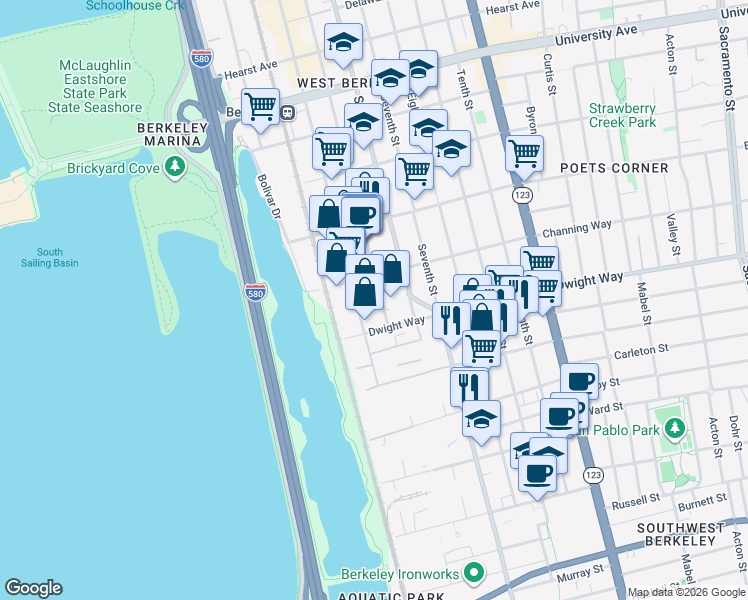 map of restaurants, bars, coffee shops, grocery stores, and more near 2460 Fifth Street in Berkeley