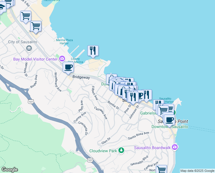 map of restaurants, bars, coffee shops, grocery stores, and more near 1505 Bridgeway in Sausalito