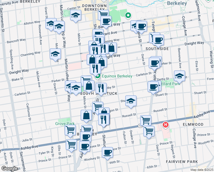 map of restaurants, bars, coffee shops, grocery stores, and more near 2119 Derby Street in Berkeley