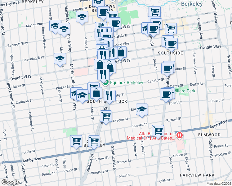 map of restaurants, bars, coffee shops, grocery stores, and more near 2119 Derby Street in Berkeley