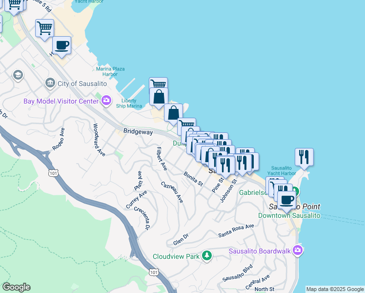map of restaurants, bars, coffee shops, grocery stores, and more near 1609 Bridgeway in Sausalito