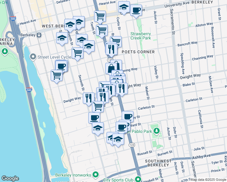 map of restaurants, bars, coffee shops, grocery stores, and more near 1092 Dwight Way in Berkeley