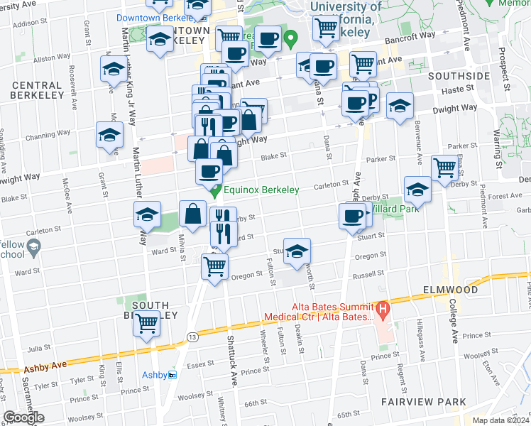 map of restaurants, bars, coffee shops, grocery stores, and more near 2140 Carleton Street in Berkeley