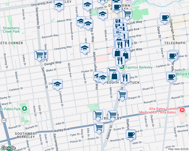 map of restaurants, bars, coffee shops, grocery stores, and more near 1831 Parker Street in Berkeley