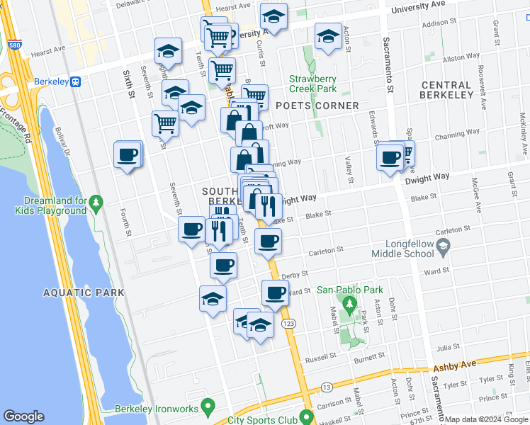 map of restaurants, bars, coffee shops, grocery stores, and more near in Berkeley
