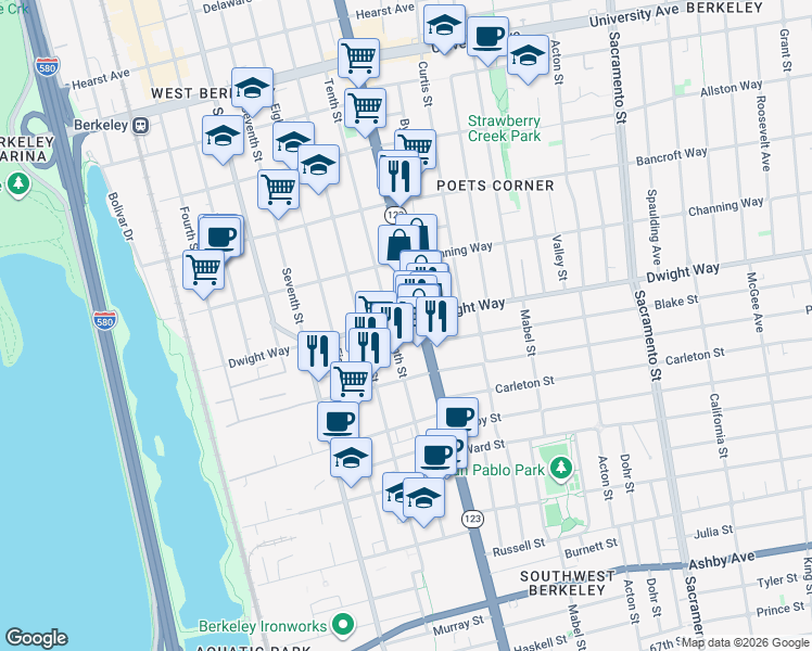map of restaurants, bars, coffee shops, grocery stores, and more near 2439 Tenth Street in Berkeley