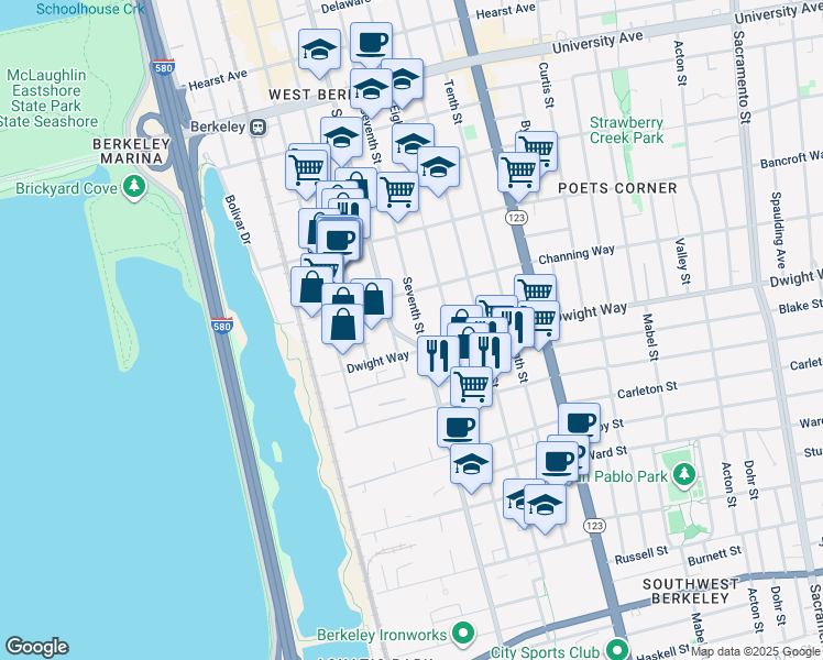 map of restaurants, bars, coffee shops, grocery stores, and more near in Berkeley