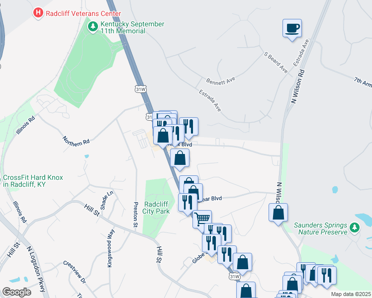 map of restaurants, bars, coffee shops, grocery stores, and more near 673 Knox Boulevard in Radcliff