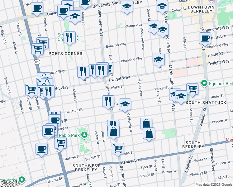 map of restaurants, bars, coffee shops, grocery stores, and more near 1525 Parker Street in Berkeley