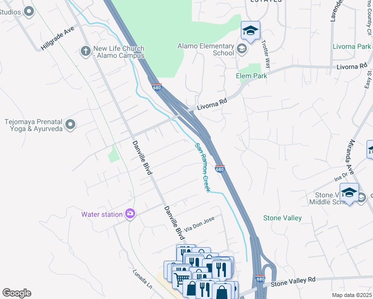 map of restaurants, bars, coffee shops, grocery stores, and more near 1408 Entrada Verde in Alamo