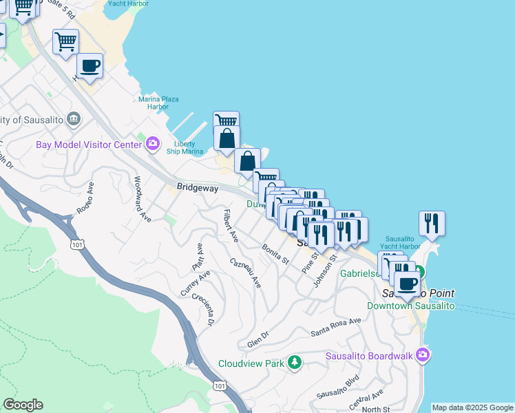 map of restaurants, bars, coffee shops, grocery stores, and more near 1623 Bridgeway in Sausalito