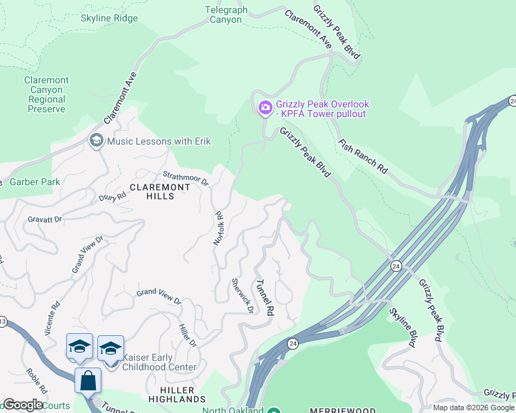 map of restaurants, bars, coffee shops, grocery stores, and more near Buckingham Boulevard in Oakland
