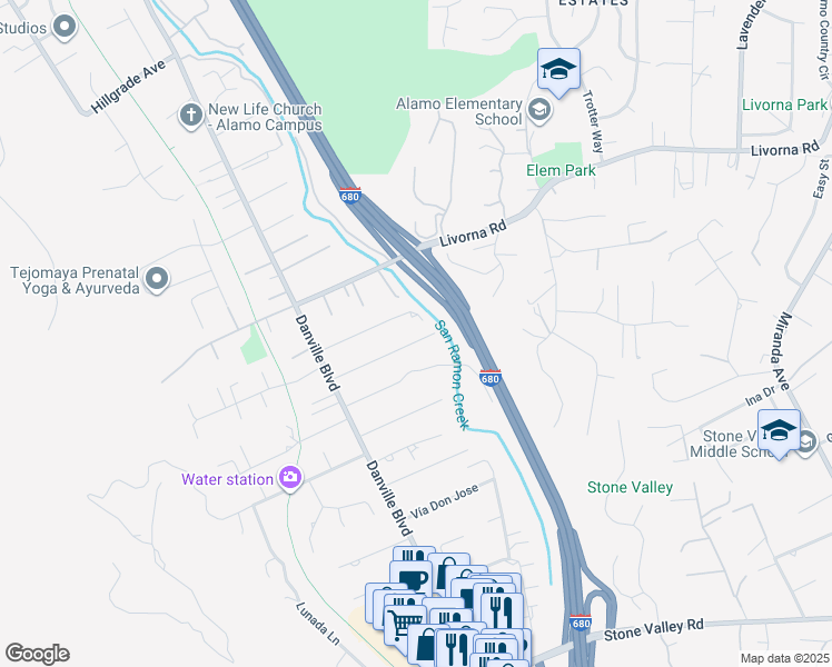map of restaurants, bars, coffee shops, grocery stores, and more near 1408 Entrada Verde in Alamo