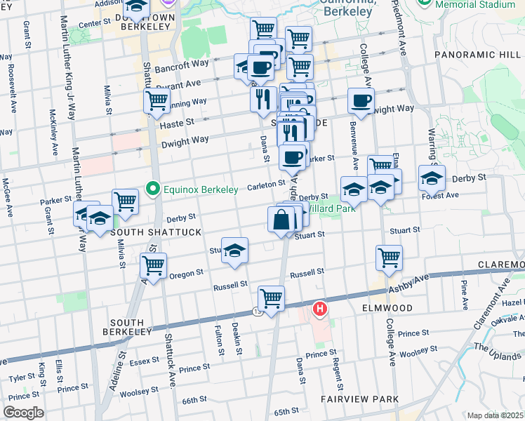 map of restaurants, bars, coffee shops, grocery stores, and more near 2341 Derby Street in Berkeley