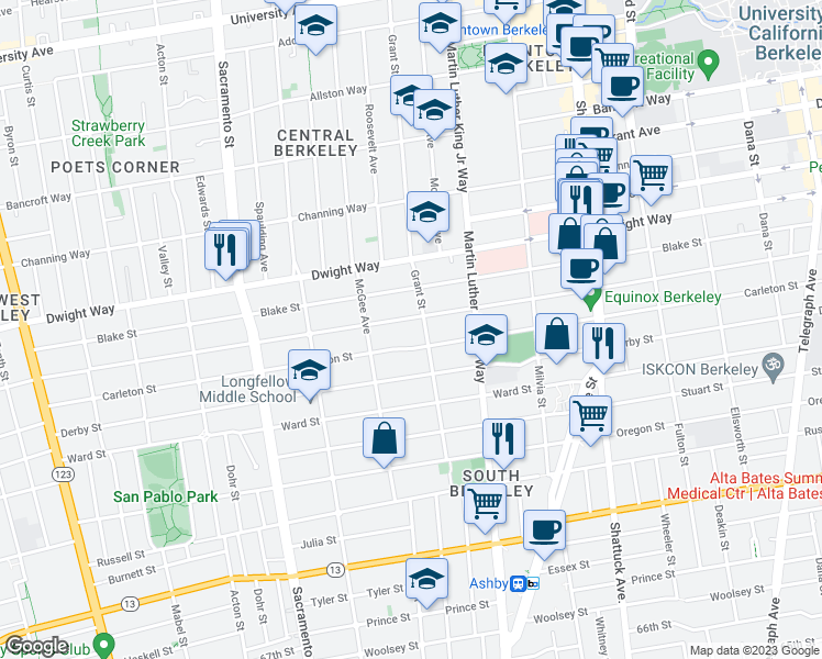 map of restaurants, bars, coffee shops, grocery stores, and more near 2540 Grant Street in Berkeley