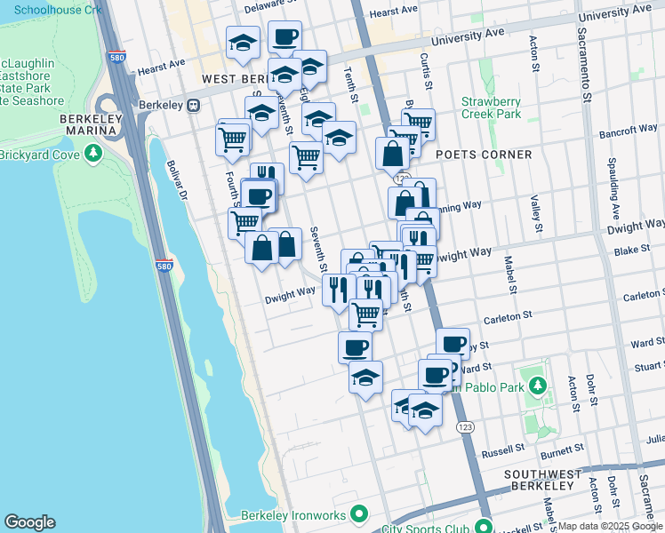 map of restaurants, bars, coffee shops, grocery stores, and more near 2418 Eighth Street in Berkeley