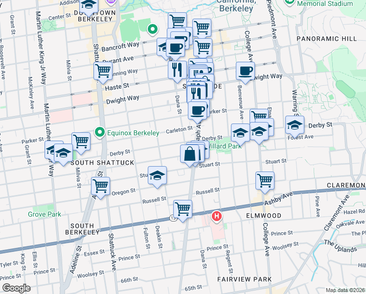 map of restaurants, bars, coffee shops, grocery stores, and more near 2702 Dana Street in Berkeley