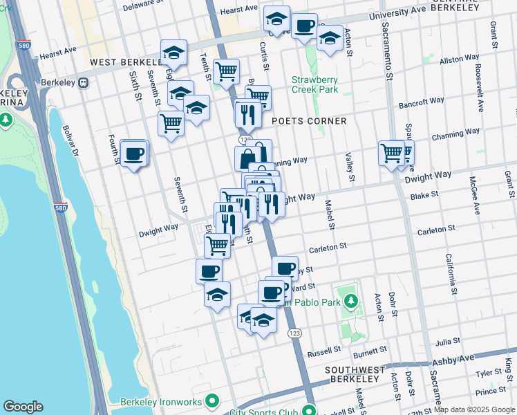 map of restaurants, bars, coffee shops, grocery stores, and more near 2500 San Pablo Avenue in Berkeley