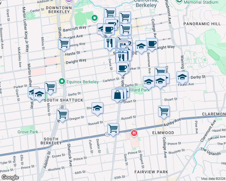 map of restaurants, bars, coffee shops, grocery stores, and more near 2702 Dana Street in Berkeley