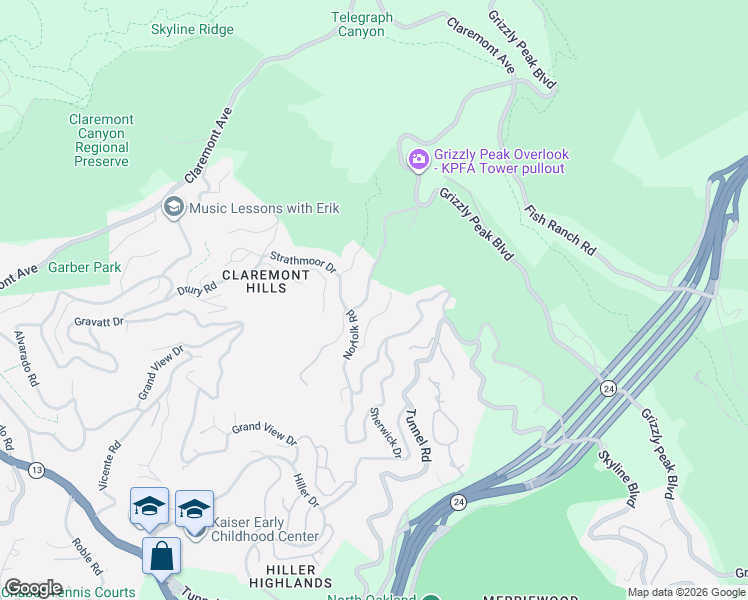 map of restaurants, bars, coffee shops, grocery stores, and more near 7115 Marlborough Terrace in Berkeley