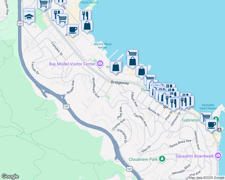 map of restaurants, bars, coffee shops, grocery stores, and more near in Sausalito
