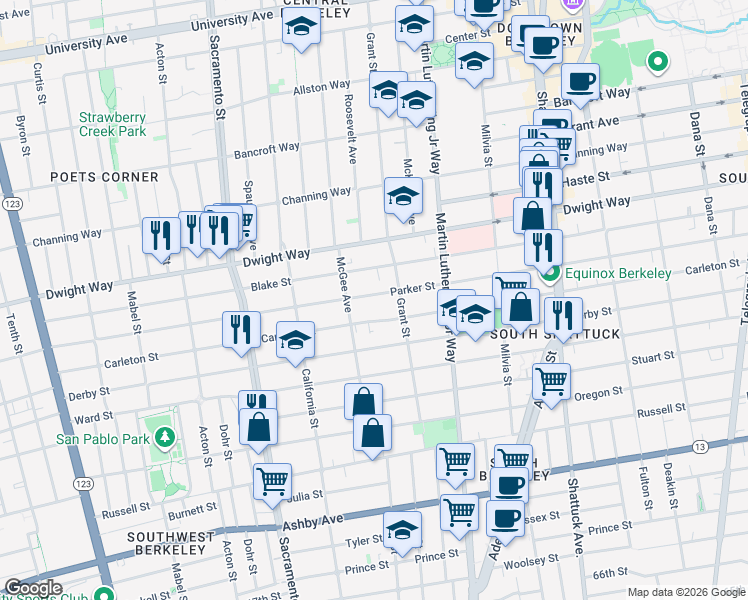 map of restaurants, bars, coffee shops, grocery stores, and more near 1726 Parker Street in Berkeley