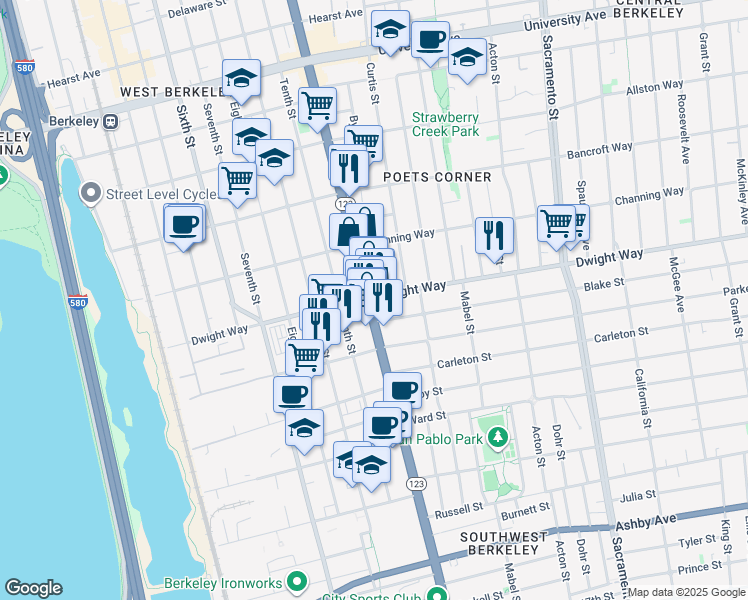 map of restaurants, bars, coffee shops, grocery stores, and more near 2503 San Pablo Avenue in Berkeley