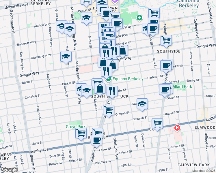 map of restaurants, bars, coffee shops, grocery stores, and more near 2036 Parker Street in Berkeley