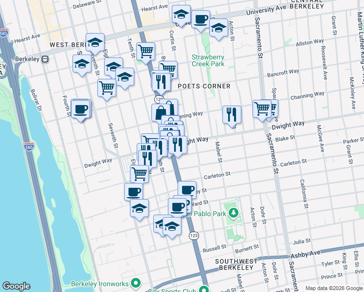 map of restaurants, bars, coffee shops, grocery stores, and more near in Berkeley