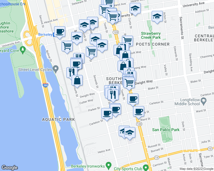map of restaurants, bars, coffee shops, grocery stores, and more near 2418 Eighth Street in Berkeley