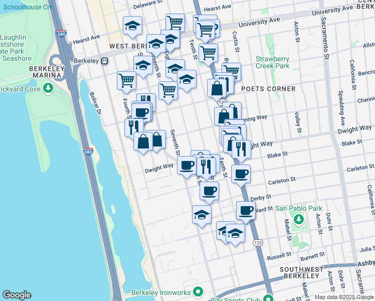 map of restaurants, bars, coffee shops, grocery stores, and more near 2418 Eighth Street in Berkeley