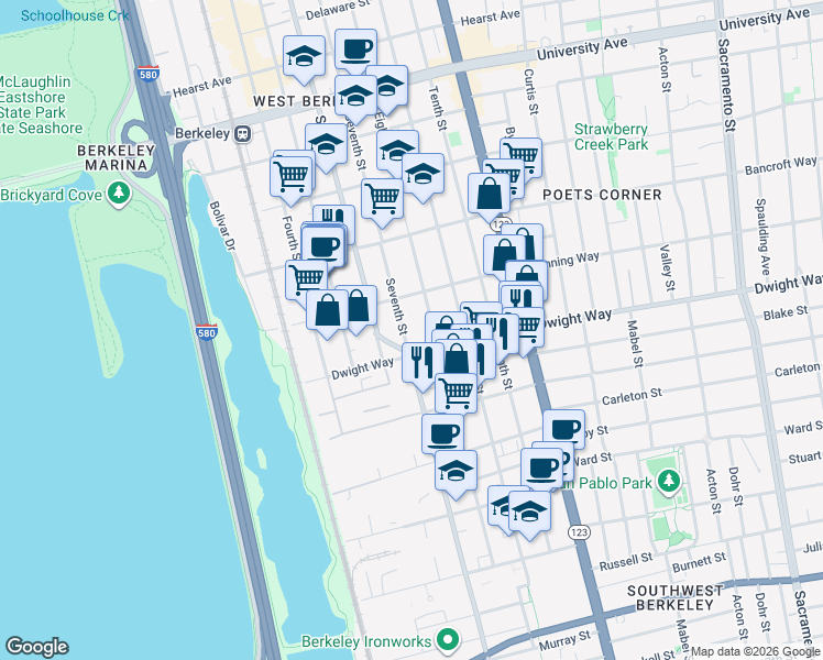 map of restaurants, bars, coffee shops, grocery stores, and more near 2418 Eighth Street in Berkeley