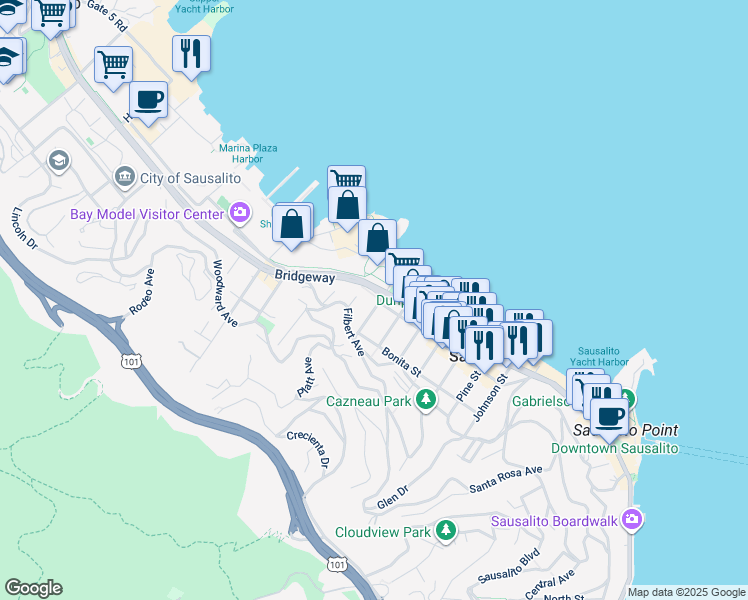 map of restaurants, bars, coffee shops, grocery stores, and more near 1750 Bridgeway in Sausalito