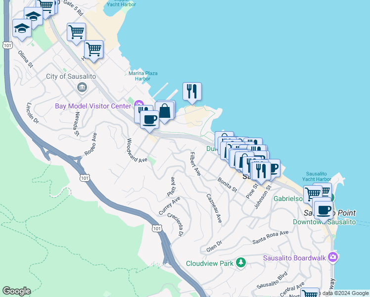 map of restaurants, bars, coffee shops, grocery stores, and more near 1741 Bridgeway in Sausalito