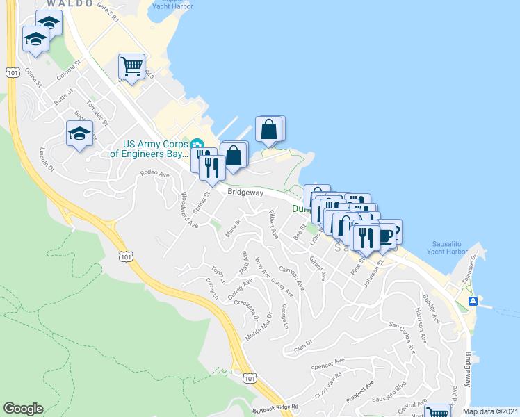 map of restaurants, bars, coffee shops, grocery stores, and more near 1741 Bridgeway in Sausalito