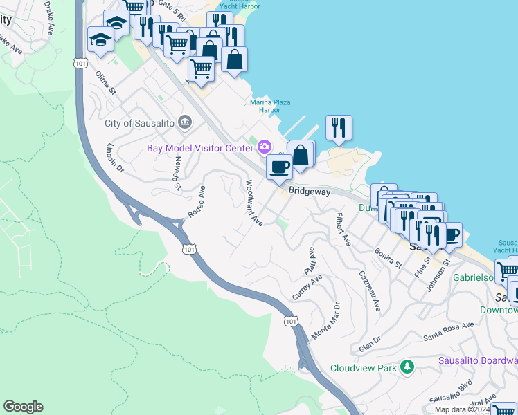 map of restaurants, bars, coffee shops, grocery stores, and more near in Sausalito