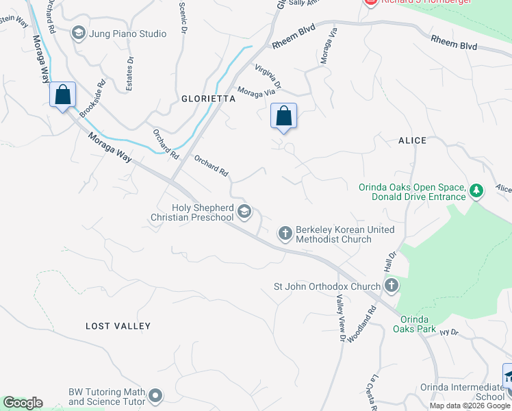 map of restaurants, bars, coffee shops, grocery stores, and more near 273 Orchard Road in Orinda
