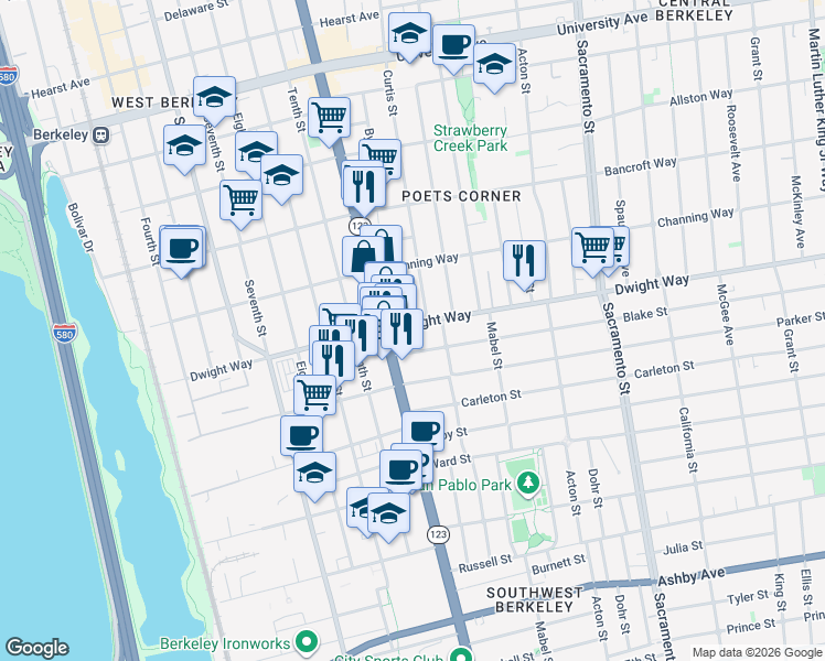 map of restaurants, bars, coffee shops, grocery stores, and more near in Berkeley