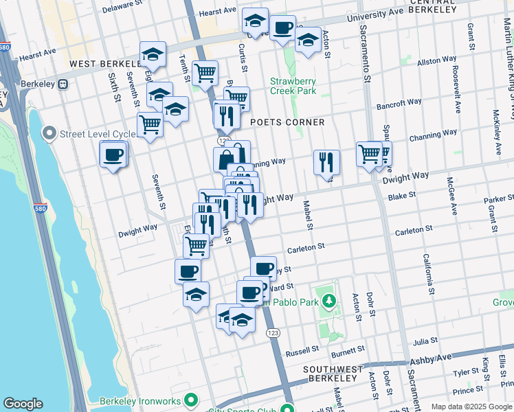 map of restaurants, bars, coffee shops, grocery stores, and more near 1118 Dwight Way in Berkeley