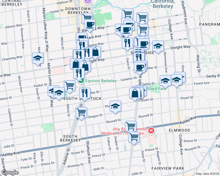 map of restaurants, bars, coffee shops, grocery stores, and more near 2227 Derby Street in Berkeley