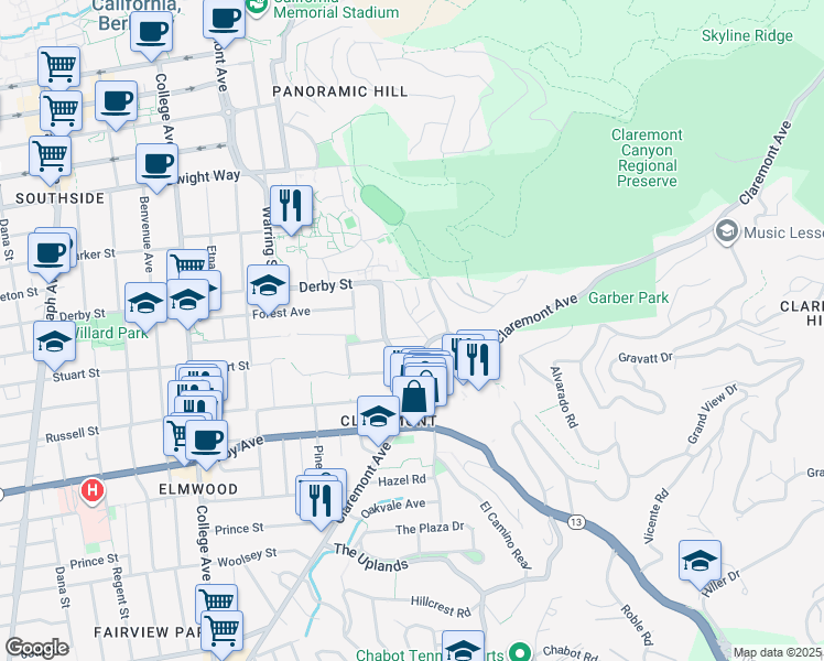 map of restaurants, bars, coffee shops, grocery stores, and more near 28 Tanglewood Road in Berkeley
