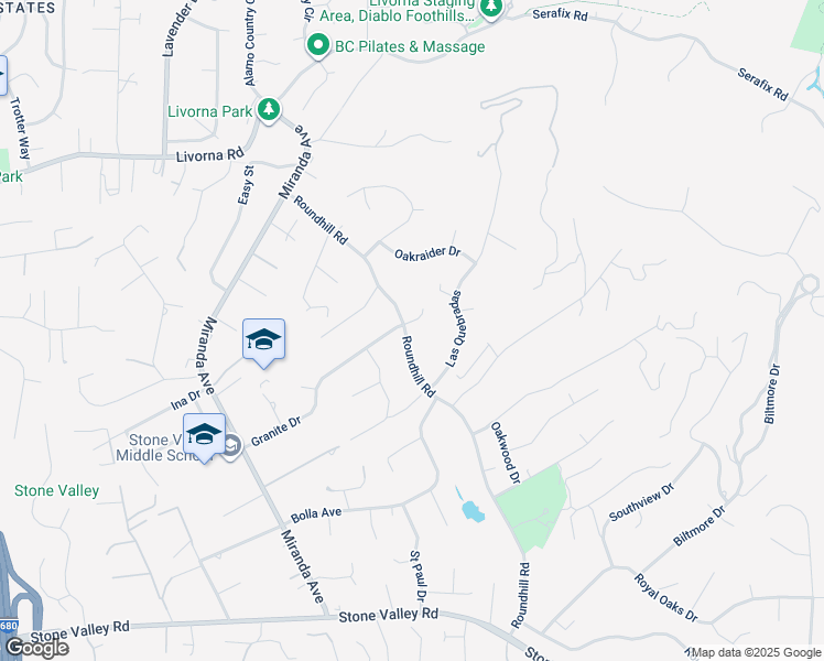 map of restaurants, bars, coffee shops, grocery stores, and more near 2252 Granite Court in Alamo