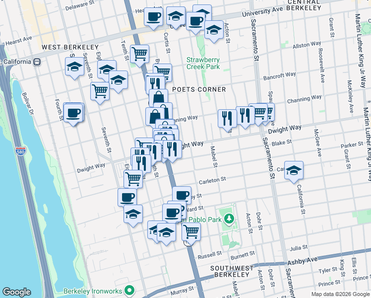 map of restaurants, bars, coffee shops, grocery stores, and more near 1142 Dwight Way in Berkeley