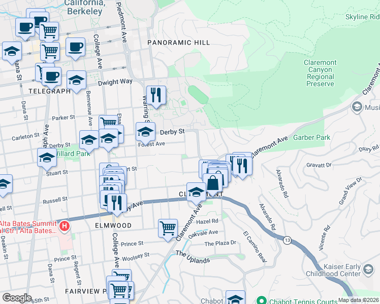 map of restaurants, bars, coffee shops, grocery stores, and more near 2728 Claremont Boulevard in Berkeley
