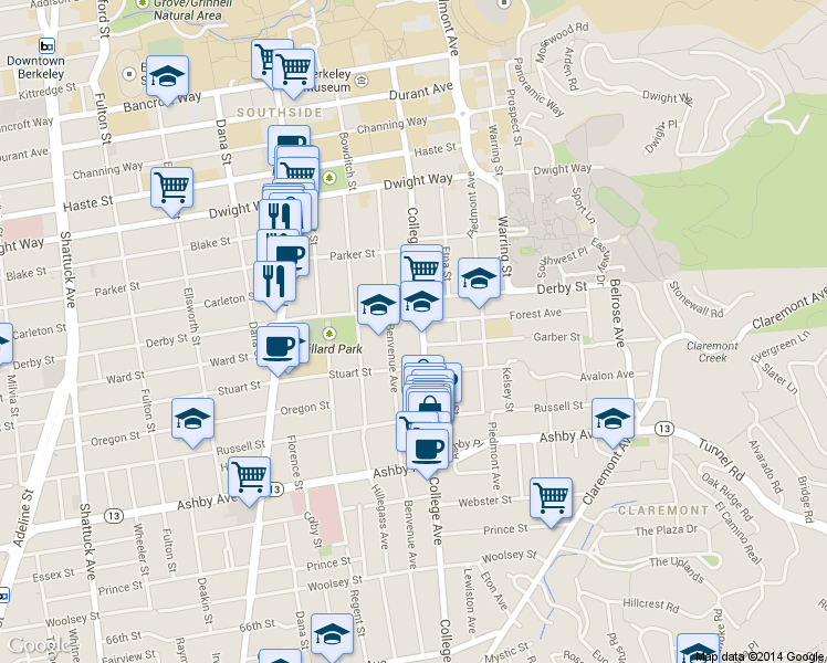 map of restaurants, bars, coffee shops, grocery stores, and more near 2703 Benvenue Avenue in Berkeley
