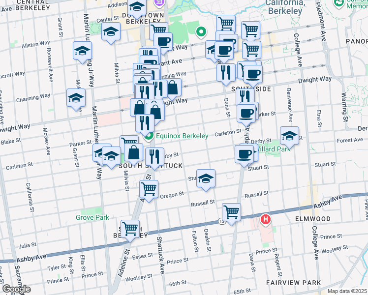 map of restaurants, bars, coffee shops, grocery stores, and more near 2140 Carleton Street in Berkeley